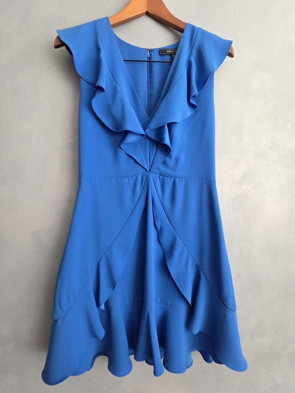 BCBGMAXAZRIA TYRAH BLUE FRILL SLEEVELESS MINI DRESS US 8